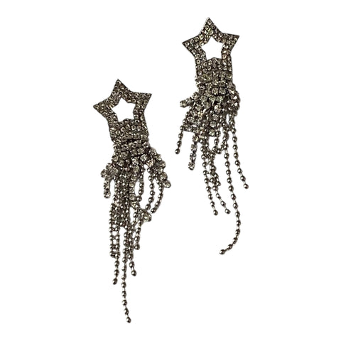Silver Star Sparkle Long Tassel Earrings  white background