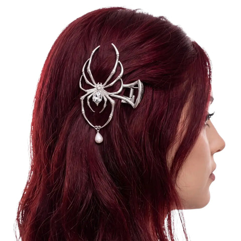 Silver Spider Metal Hair Clip with rhinestone spider body, dangling faux pearl drops and silver metal claw on side of head 