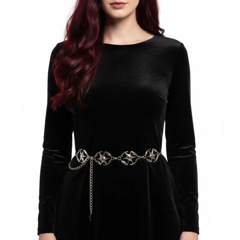 Silver Stars Abstract Link Statement Belt with celestial metal panels, adjustable clasp and chain