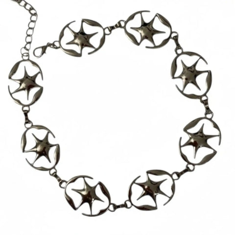 Silver Stars Abstract Link Statement Belt with celestial metal panels, adjustable clasp and chain