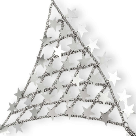 Silver Stars Sparkle Chest Chain Bra Top with star tassels and adjustable neck and waist chains festival body jewelry