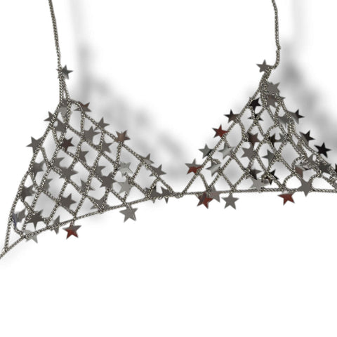 Silver Stars Sparkle Chest Chain Bra Top with star tassels and adjustable neck and waist chains festival body jewelry