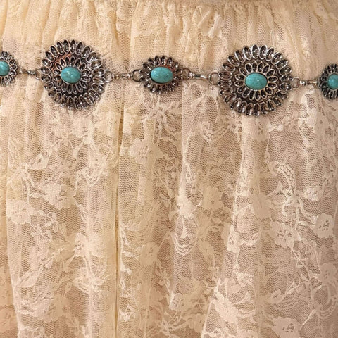 wild western silver textured turquoise belt with round linked conchos and faux turquoise stones adjustable chain western boho festival belt