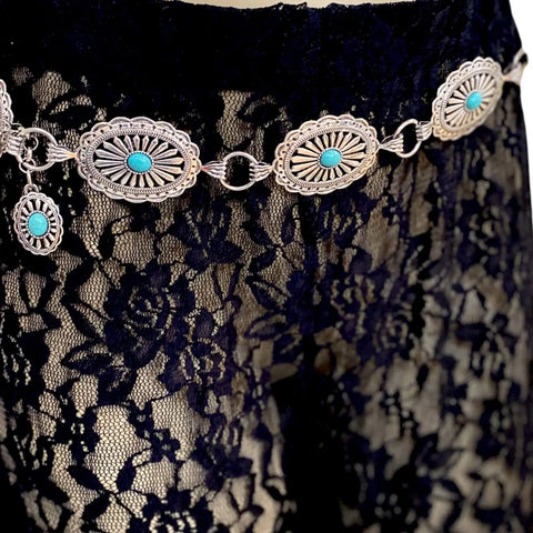 Silver Turquoise Western Concho Chain Belt with oval medallions and adjustable chain cowgirl fashion accessory for women