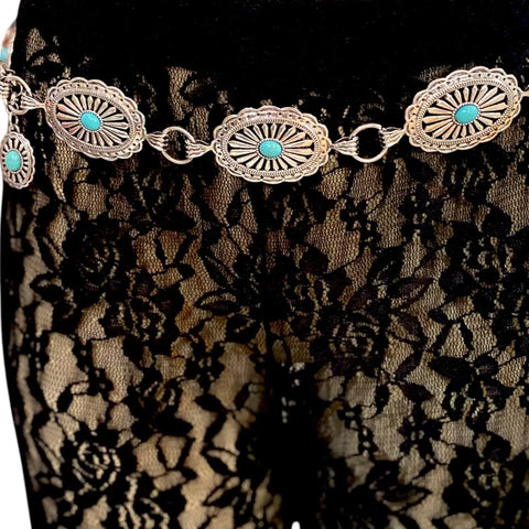 Silver Turquoise Western Concho Chain Belt with oval medallions and adjustable chain for women osfm