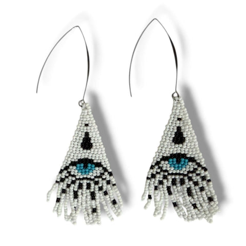Handmade Evil Eye Beaded Fringe Earrings, white long shoulder duster style with silver hypoallergenic V-wire hooks