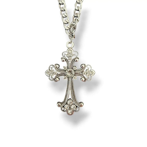 Victorian Goth Silver Cross Necklace with rhinestone pendant and chunky chain women's 