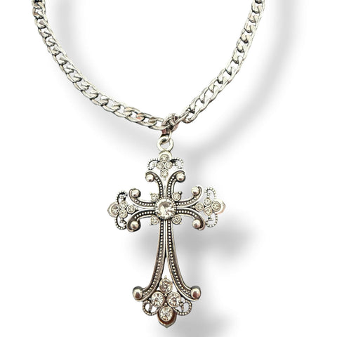 Flat Lay of Silver Victorian Crystal Cross Choker Necklace / antique filigree with chunky chain / women's/ osfm