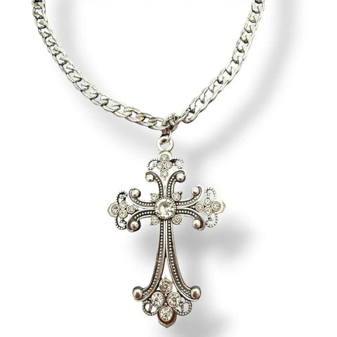 Victorian Goth Silver Cross Necklace with rhinestone pendant and chunky chain flat lay