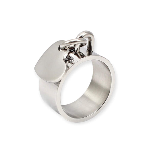 Silver Wide Band Dangling Heart Charm Ring