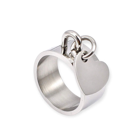 Silver Wide Band Dangling Heart Charm Ring