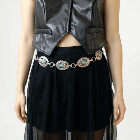 large-link silver turquoise concho belt styled with boho cowgirl outfit