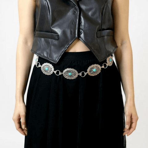 large-link silver turquoise concho belt styled with boho cowgirl outfit