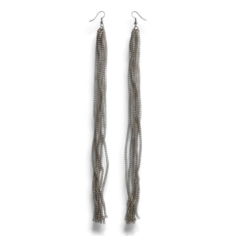 Industrial silver ultra long tassel earrings with layered chain dangles lightweight statement earrings