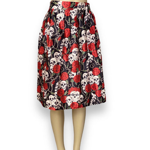Edgy Garden of Skulls A-line Midi Skirt - Wild Time Fashion