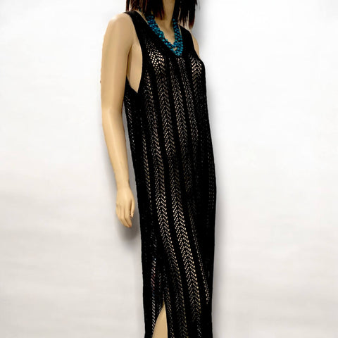 Sleeveless V Neck Crochet Beach Dress Black Maxi Pullover Coverup