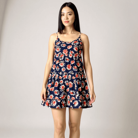 navy sleeveless floral tiered mini dress front view