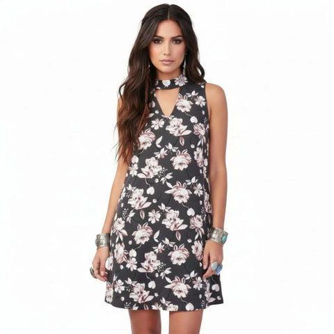 Sleeveless Keyhole Floral A-Line Mini Dress with pink white floral print 