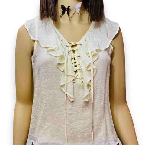Women's Ivory Sleeveless Luxe Cami Ruffled Neckline Lace Up Top- Size Small - Wild Time Fashion