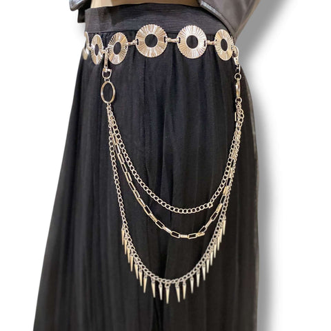 Multi-Layer Silver Pants Chains silver chunky chain pants chain - Slim triple layer silver curb chain spiked on black dress silver textured belt fashion accessory.