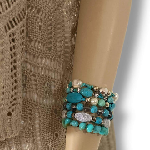 women's turquoise beaded stacked elastic bracelet with faux turquoise nuggets faux pearls and silver spacer beads stretchy fit handcrafted in USA boho western jewelry