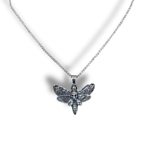 Death Hawk Moth Skull Necklace  in antique silver stainless steel with detailed skull moth pendant on 24 inch wheat chain