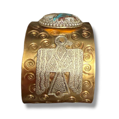 Two Tone Rebel cuff bracelet with 24.3mm spiny turquoise cabochon, sterling silver thunderbirds, and hand-hammered brass mixed-metal western statement jewelry