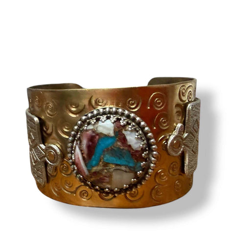 Two Tone Rebel cuff bracelet with 24.3mm spiny turquoise cabochon, sterling silver thunderbirds, and hand-hammered brass mixed-metal western statement jewelry
