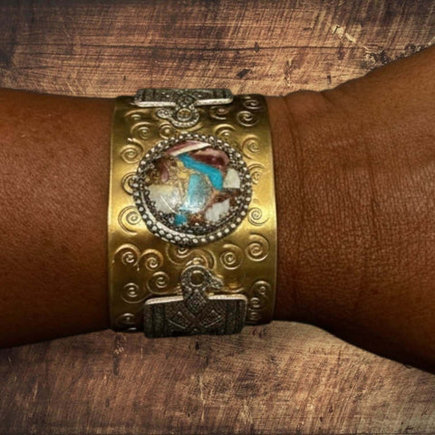 Two Tone Rebel cuff bracelet with 24.3mm spiny turquoise cabochon, sterling silver thunderbirds, and hand-hammered brass mixed-metal western statement jewelry