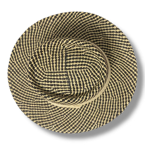 Bold summer straw boater hat with pork pie crown and two-tone black ivory styling.