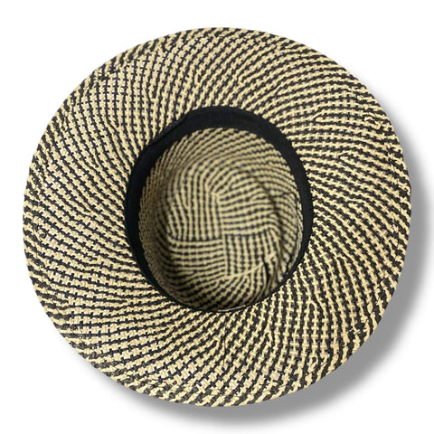 Bold summer straw boater hat with pork pie crown and two-tone black ivory styling.