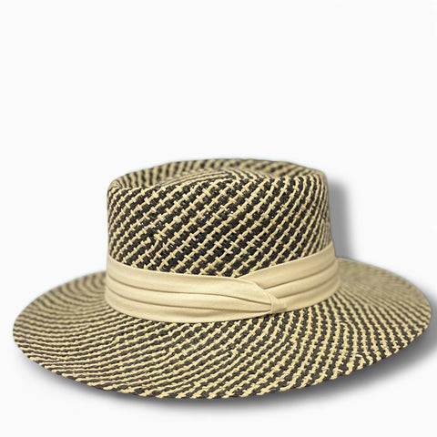 Bold summer straw boater hat with pork pie crown and two-tone black ivory styling.