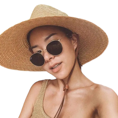 Unisex palm straw fedora hat in natural wheat color, featuring downward brim and chin strap