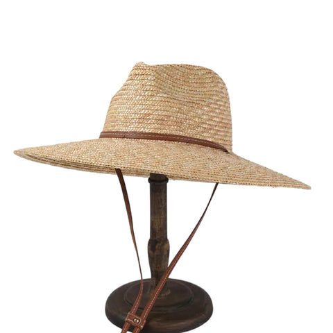 Unisex palm straw fedora hat in natural wheat color, featuring downward brim and chin strap