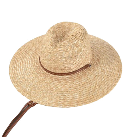 Unisex palm straw fedora hat in natural wheat color, featuring downward brim and chin strap
