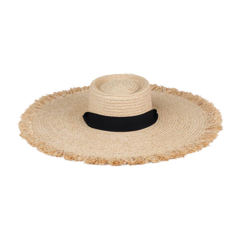 Women's  Natural Straw Weaved Wide Fringe Brim Boater Hat with black Grosgrain Ribbon Band- One Size Fits Most- Wild Time Fashion