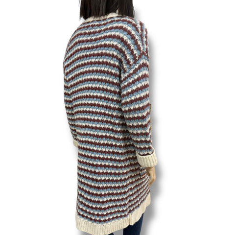 long striped knit cardigan jacket with pockets in ivory blue and brick red chunky crochet style