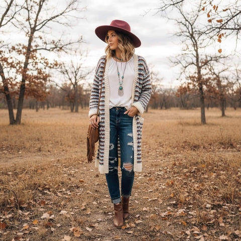 long striped knit cardigan jacket with pockets in ivory blue and brick red chunky crochet style