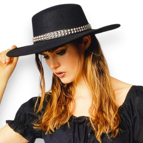 Black Wide Brim Studded Fedora Hat  Round Crown 