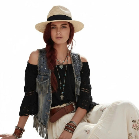 Stylish Summer Straw Fedora Sun Hat with black band and wide brim woman wearing with boho western attire