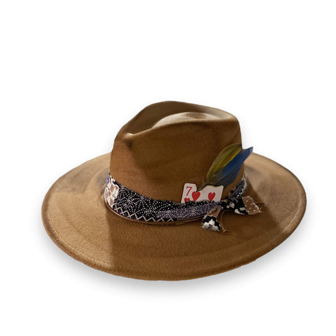 Brown Burnt colorful feather, leather rope, with burnt gambler card and cotton band  wide brim boho western Fedora Hat