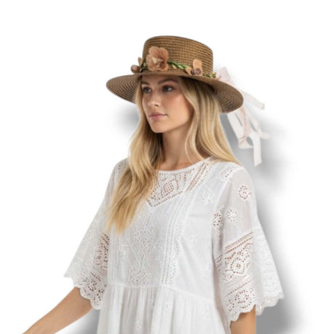 Model wearing Floral Crown Summer Straw Hat in brown, navy blue, and tan with floral lace hat band or hair band