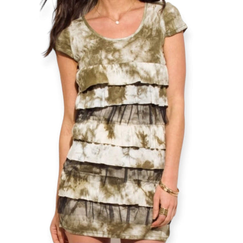short sleeve tie dyed ruffle mini summer dress in ivory and green rib knit with black tulle front detail