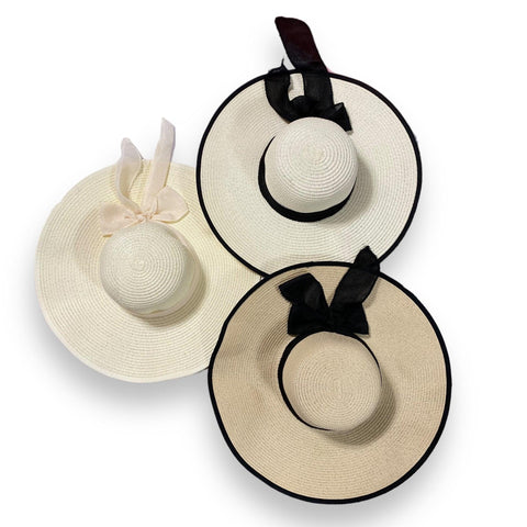 Soft Brown Exquisite Wide Brim Straw Sun Black Trim Ribbon Band Panama Hat - One Size Fits Most - Wild Time Fashion