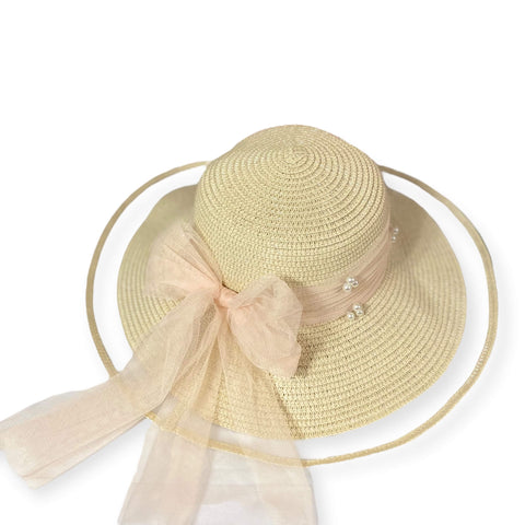 Elegant Peachy Pearl Bow Wide Brim Straw Sun Hat- Wild Time Fashion