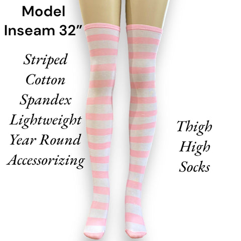 Pink and White Striped Over Knee Thigh-High Socks - One Size- Wild Time Fashion
