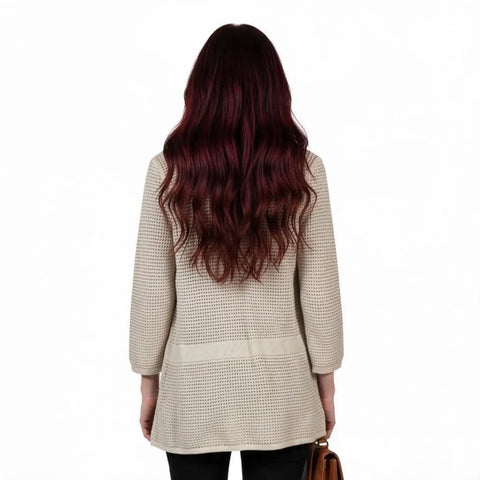 Tan lightweight open-knit cardigan blazer with draped waterfall front 