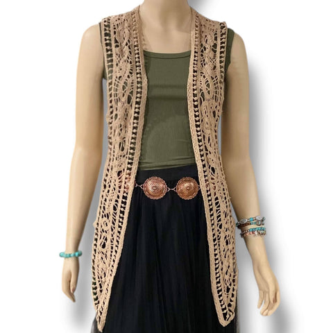 Boho Draped Cardigan Crochet Vest Tan Open Front Open Stitch