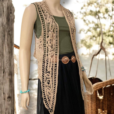 Boho Draped Cardigan Crochet Vest Tan Open Front Open Stitch