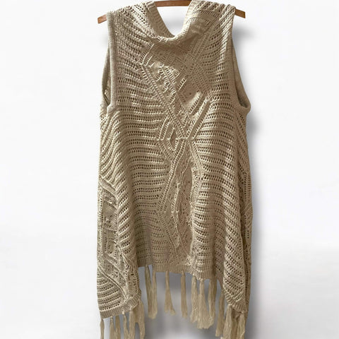 Tan fringe knitted sleeveless cardigan vest with metallic yarn, boho western open front high-low hem layering piece